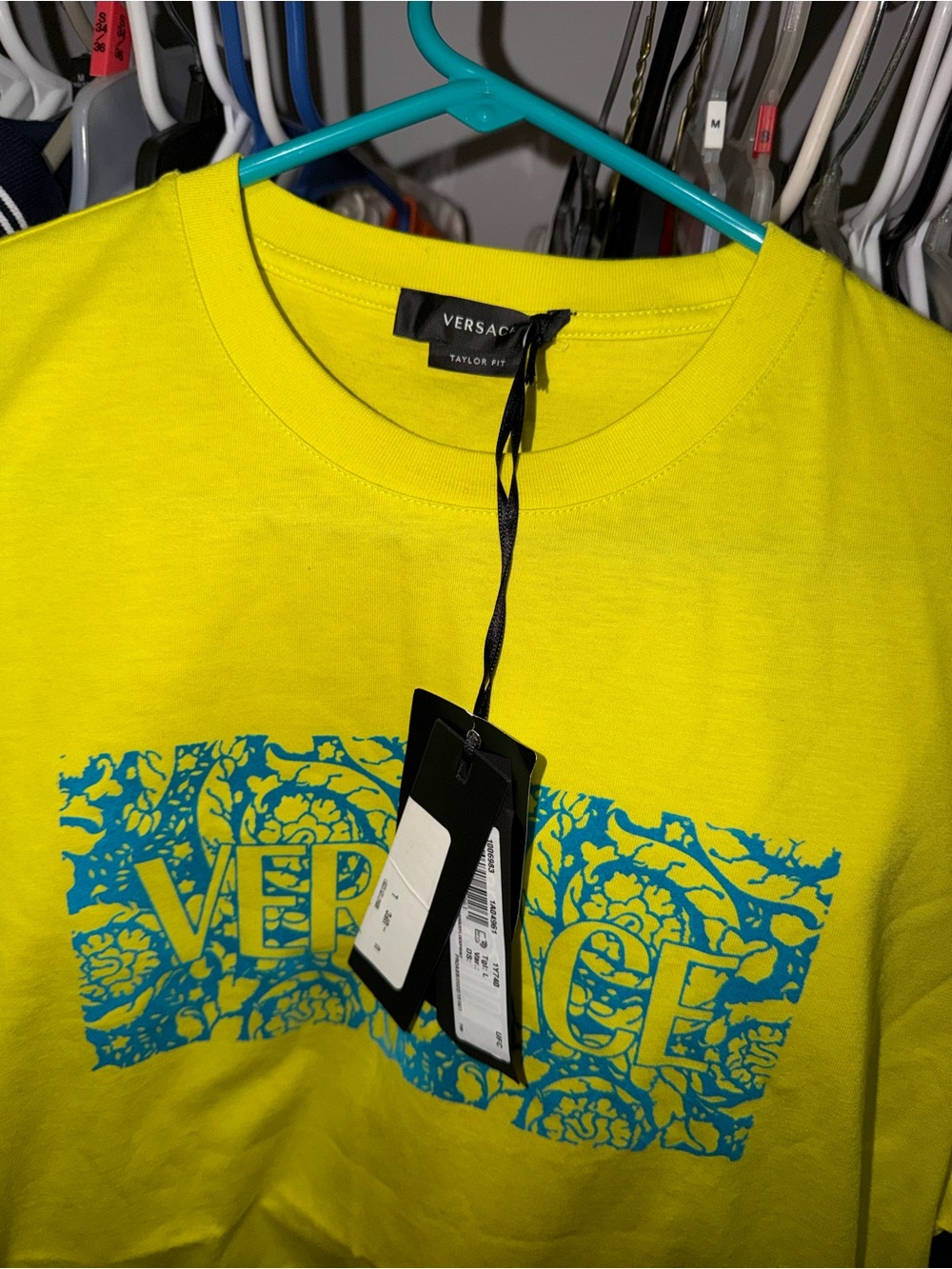 Versace Yellow Short-Sleeve Tee with Blue Graphic Logo